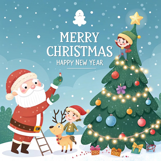 una caricatura de Santa con un árbol de Navidad en el fondo