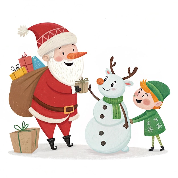 una caricatura de Santa y un hombre de nieve con una bolsa de regalos