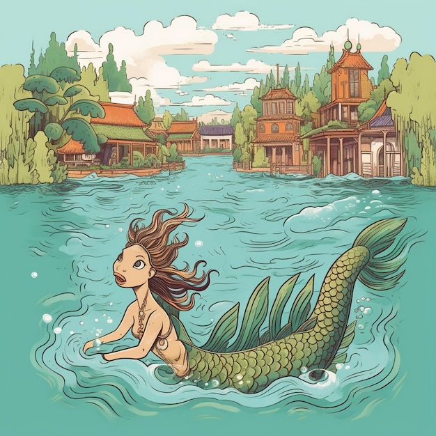 una caricatura de una sirena nadando en un río con un edificio al fondo.