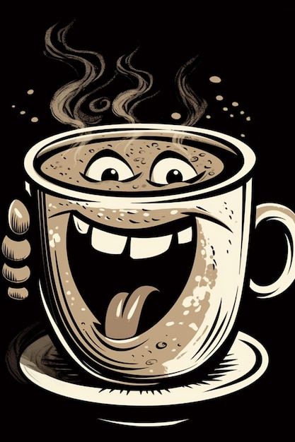 Una caricatura de una taza de café sonriente con una cara feliz.