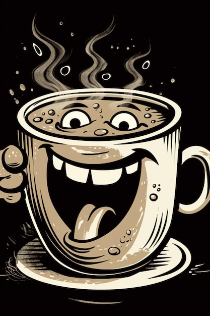 Una caricatura de una taza sonriente con una lengua fuera.