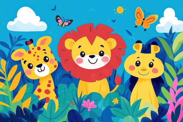 Una caricatura de tres animales una jirafa un león y un oso