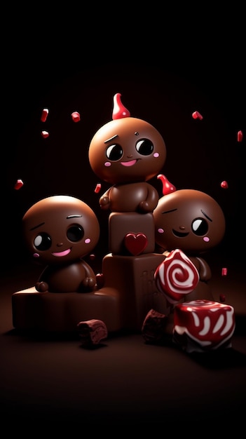 Una caricatura de tres figuras de chocolate con cara en forma de corazón.