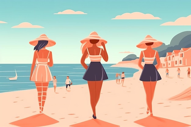 Una caricatura de tres mujeres caminando en la playa.