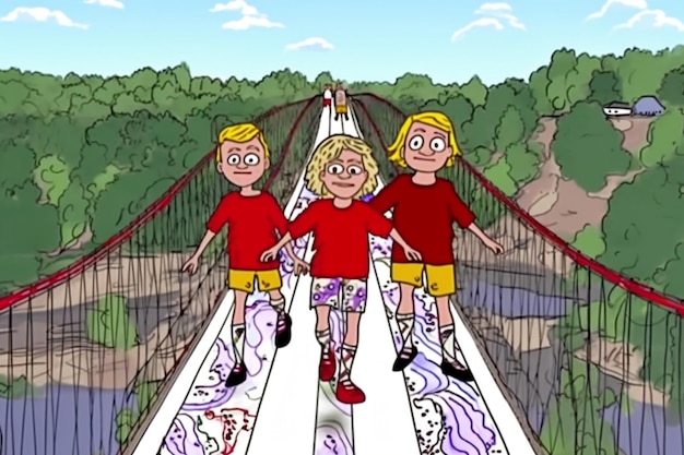 Una caricatura de tres niños caminando sobre un puente con uno de ellos vistiendo camisetas rojas.