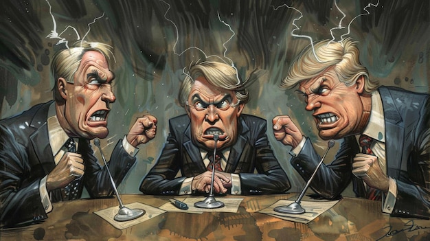 Foto caricatura de tres políticos enojados involucrados en un acalorado debate con un telón de fondo tormentoso