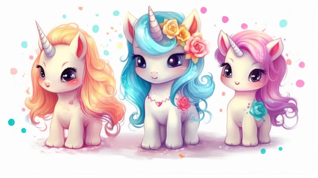 Una caricatura de tres unicornios con diferentes colores.