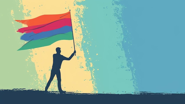 Foto caricatura vectorial minimalista en 2d de una persona lgbtq ondeando una bandera del orgullo con un fondo simple ia generativa