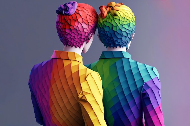 Caricatura de vista trasera de pareja LGBTQ con amor Concepto de orgullo LGBTQ Tecnología mínima AI generativa