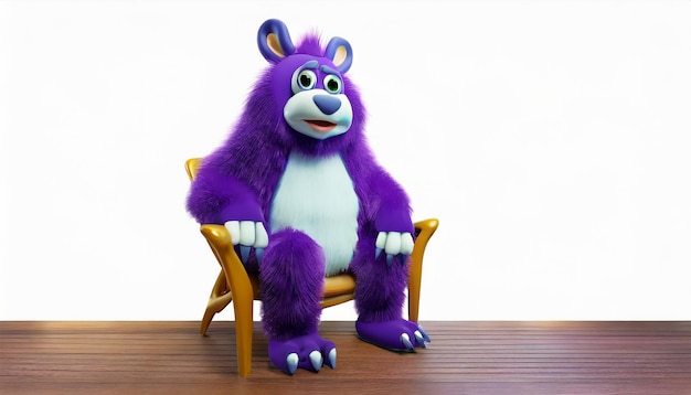 Foto caricatura de yeti púrpura sentado en una silla
