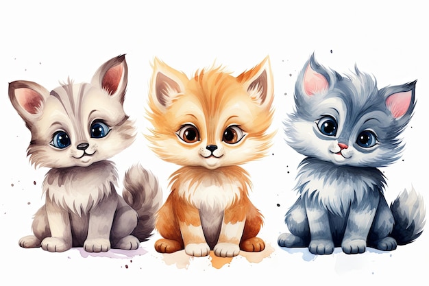 Caricaturas de gatos bebés divertidos o cliparts de gatitos con decoración de ilustraciones 3D y elemento de pegatina sobre un fondo blanco