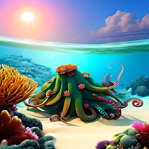 caricaturas de hermoso pulpo coral y coloridos arrecifes y algas en la arena