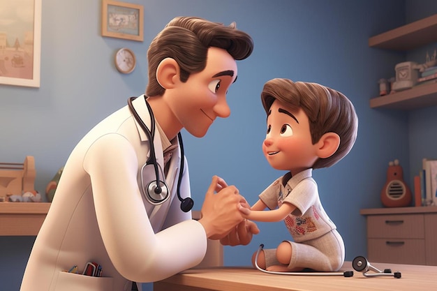 un caricaturista está hablando con un niño pequeño con un estetoscopio en el cuello.