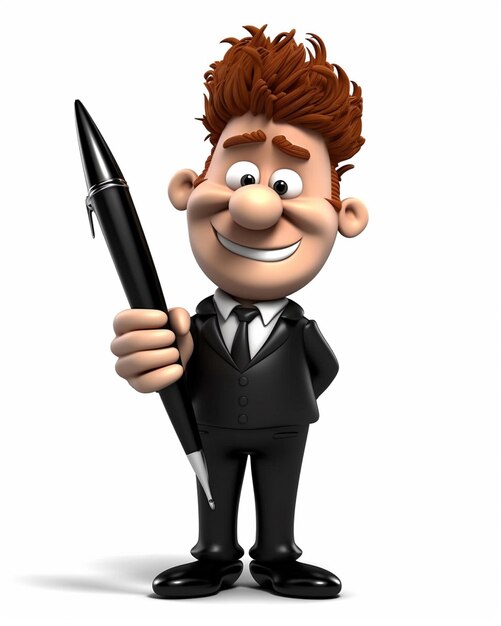 Un caricaturista con traje sosteniendo un bolígrafo y sonriendo.
