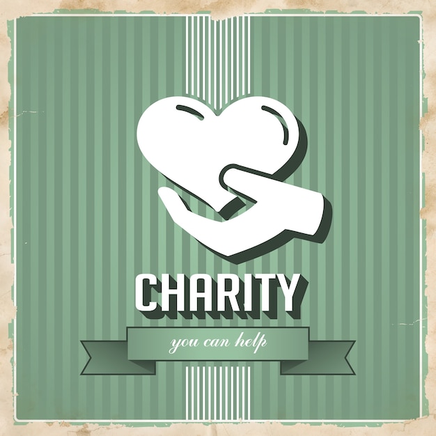 Foto caridade com o ícone do coração na mão na faixa verde. conceito vintage em design plano.