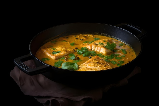 Caril de peixe em uma tigela isolada em fundo preto