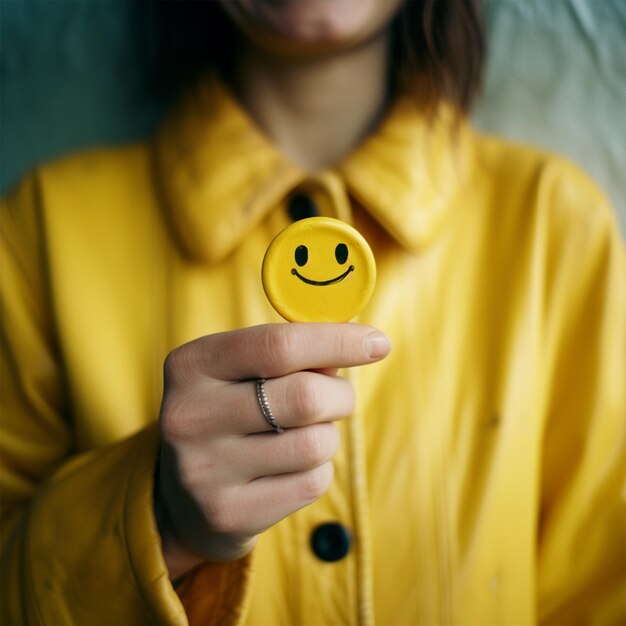 Foto carinha sorridente amarela pintada à mão com fundo esbranquiçado