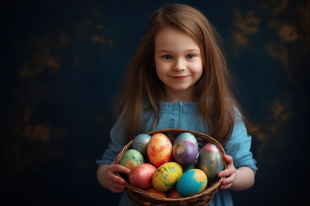 Carinhosidade de Páscoa de crianças Mulher jovem segurando uma cesta com ovos pintados coloridos
