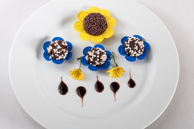 Cariño brasileño típico brigadeiro y beijinho en un plato blanco