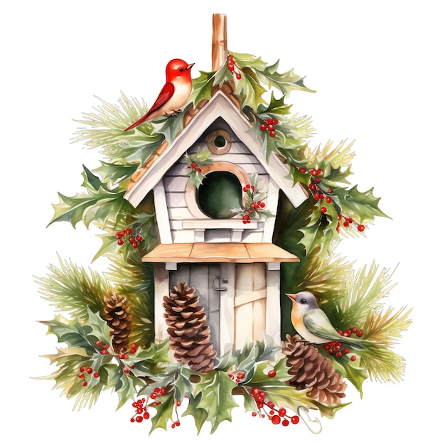 Cariñosa acuarela de Navidad con tema de casa de pájaros con una ilustración de pájaro para Navidad