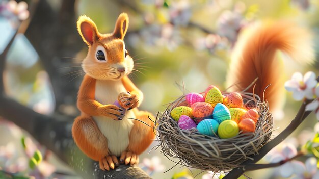 Foto cariñosa ardilla sosteniendo una nuez junto a un nido lleno de huevos de pascua coloridos en una rama de árbol con un fondo borroso de flores rosadas