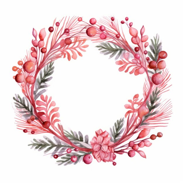 Foto cariñosa corona de navidad rosa estilo acuarela clipart en fondo blanco