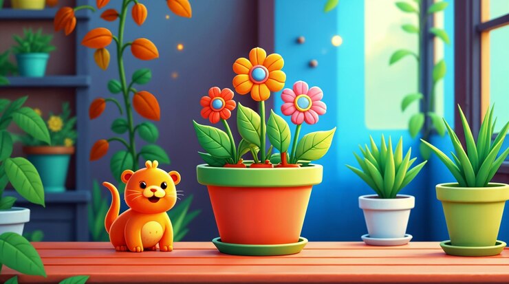 Foto cariñosa escena de jardín de dibujos animados con gato naranja y flores