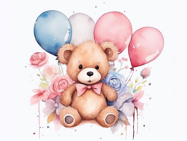 Cariñosa pareja de peluches de acuarela con globo y flores decoración ilustraciones vectoriales para fiestas de cumpleaños niños libro pegatina tela camiseta arte de pared libro de portada