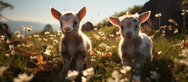 Cariñosas cabras pequeñas en el prado a la hora de la puesta del sol