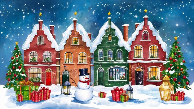 Foto cariñosas casas europeas con árboles de navidad regalos un muñeco de nieve y linternas en la nieve ilusión de acuarela