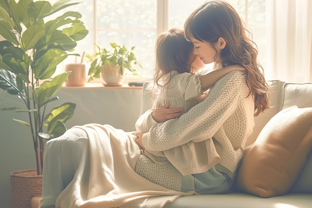 Cariñoso abrazo de niño en el día de la madre en el sofá de la sala de estar