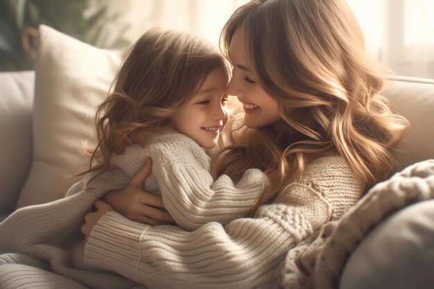 Cariñoso abrazo de niño en el día de la madre en el sofá de la sala de estar