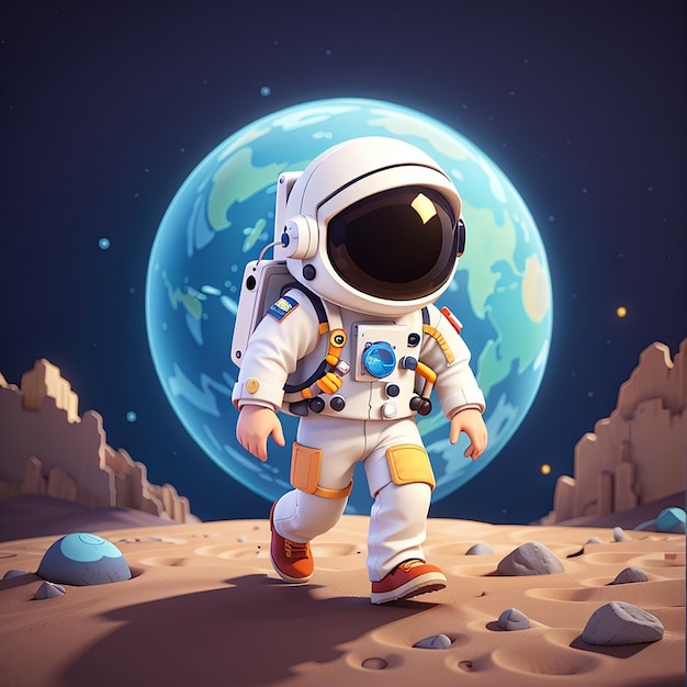 Cariñoso astronauta caminando en la luna dibujos animados