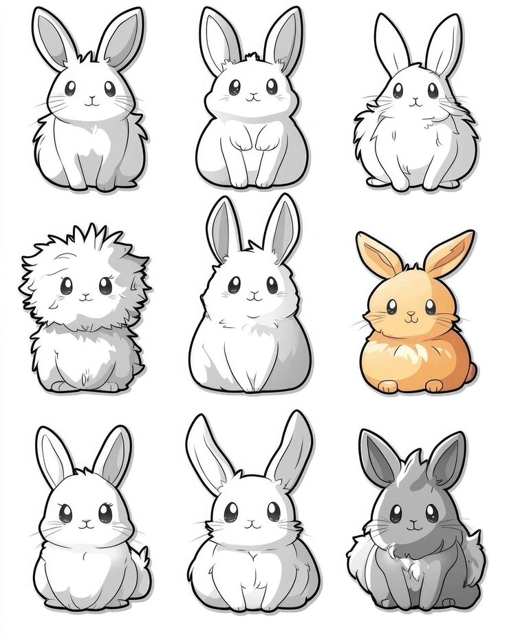 Foto cariñosos conejitos de dibujos animados en diferentes poses y colores