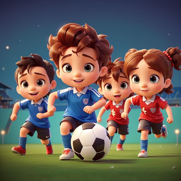 Cariñosos dibujos animados de niños jugando al fútbol