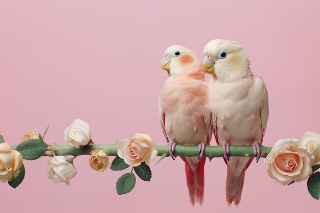 Foto cariñosos pájaros rosados en 3d sentados en las ramas de las rosas