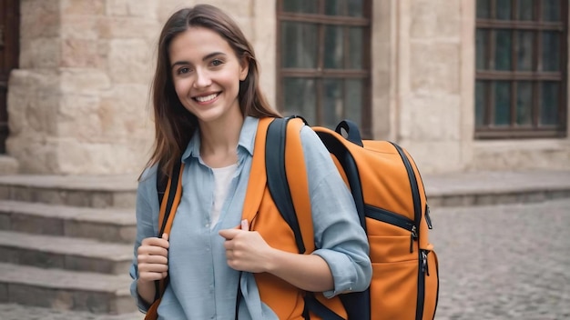 Carismática alegre mujer europea llevar mochila y cuadernos como va a la próxima conferencia sonriendo feliz