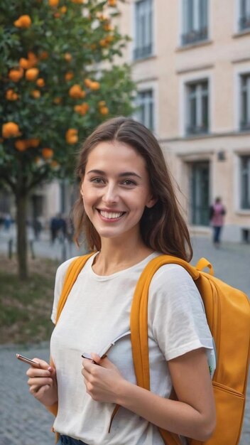 Carismática alegre mujer europea llevar mochila y cuadernos como va a la próxima conferencia sonriendo feliz