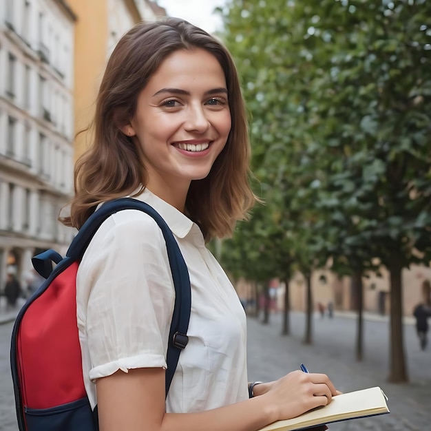 Carismática alegre mujer europea llevar mochila y cuadernos como va a la próxima conferencia sonriendo feliz