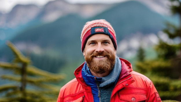 Foto carismático homem barbudo turista com chapéu fica contra o fundo de montanhas e árvores ia geradora