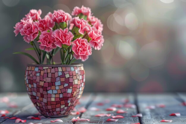 Foto carnation en una olla de flores de mosaico con una carta de feliz día de la madre en madera de corazón