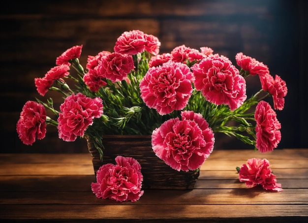 Carnations en un jarrón en una mesa de madera