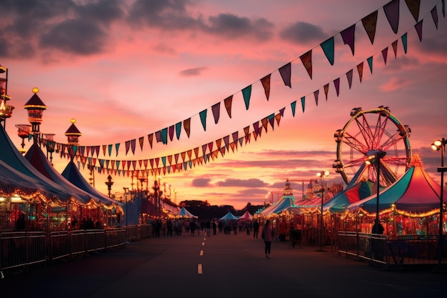 Carnaval al atardecer Noria y atracciones de feria Colorido carnaval de verano al atardecer Generado por IA