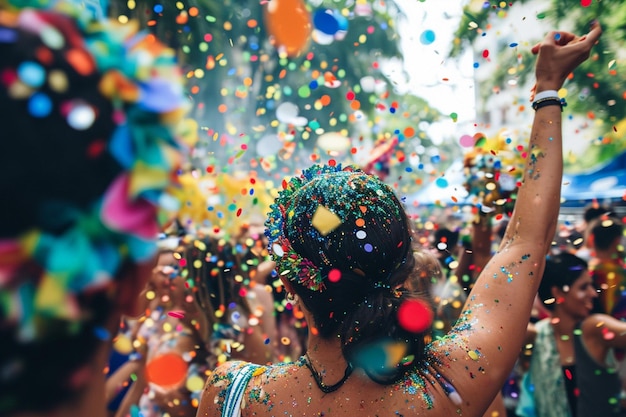 Foto carnaval brasileiro, pessoas felizes a atirar confetes.