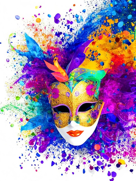 Foto carnaval de máscaras venezianas arte de salpicaduras coloridas mascarada mardi gras bandeira espaço de cópia em illustra branca