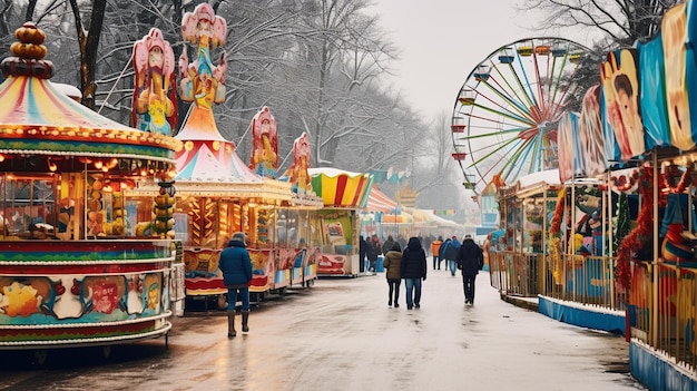 Un carnaval de invierno con coloridas atracciones y atracciones AI Generative