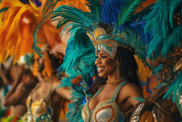 Carnaval de Rio de Janeiro Brasil Los bailarines del carnaval llevan vestidos de plumas en el carnaval brasileño