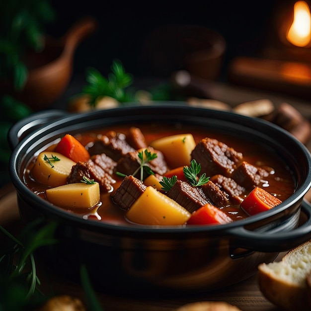 Carne abundante con verduras de raíz y hierbas generativas ai