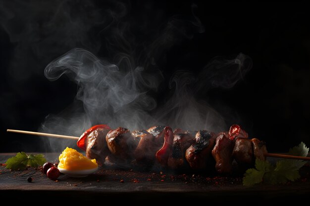 Carne ahumada a la parrilla con brochetas de madera de verduras generadas ai generativas