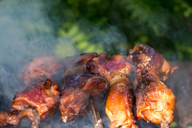 La carne se asa a la parrilla Barbacoa en la fogata